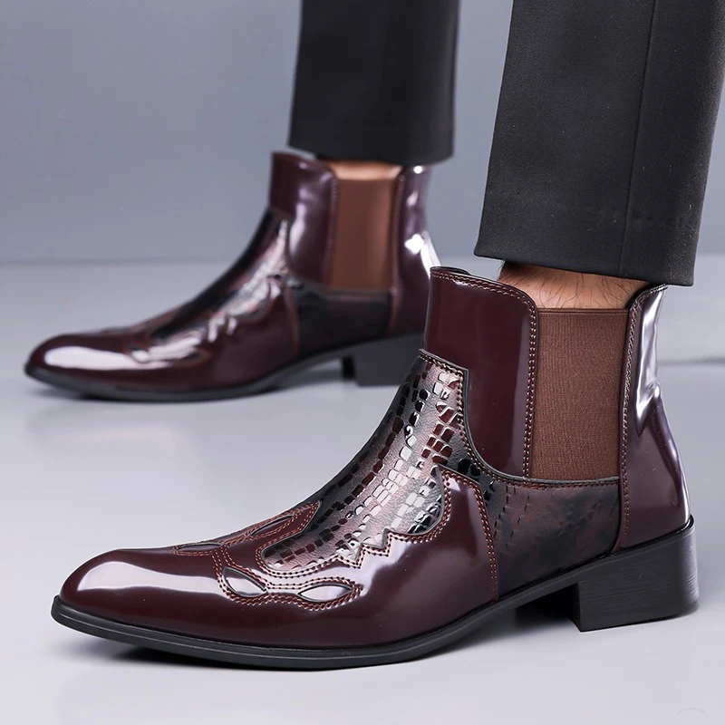 

Мужские высокие сапоги из искусственной кожи с тиснением на низком каблуке и острым носком, модные деловые мужские ботинки, размеры 38-46