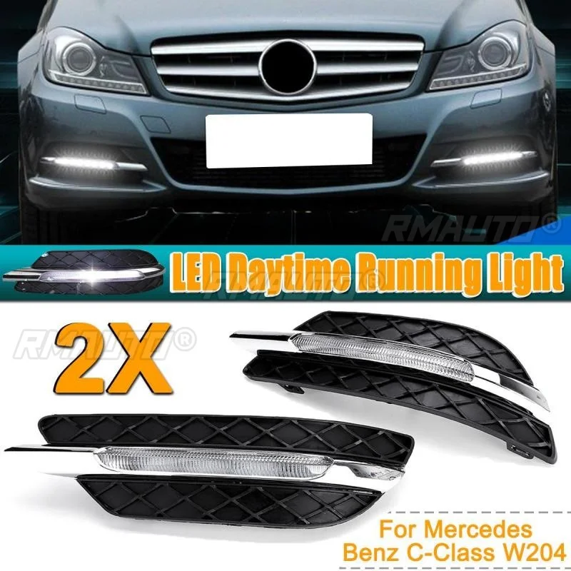 

2Pcs Car LED Daytime Running Light Fog Lamp Assembly DRL for Mercedes Benz W204 C-Class 2011-2013 2048803324 MB1039117