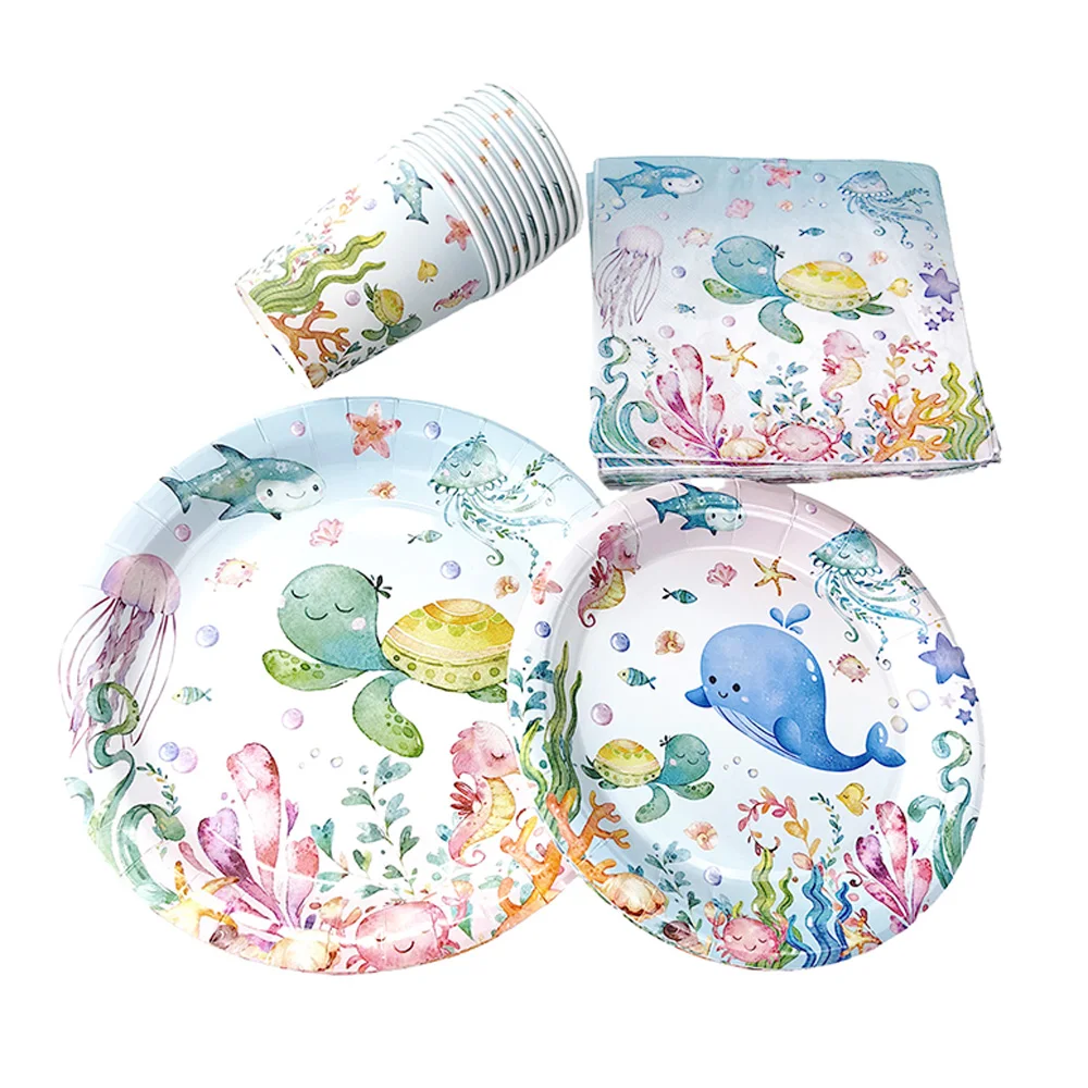 Marine Animal Turtle Whale Pattern Disposable Tableware Paper Plates Cups Napkins Kids Favor Ocean Birthday Party Decor Supplies