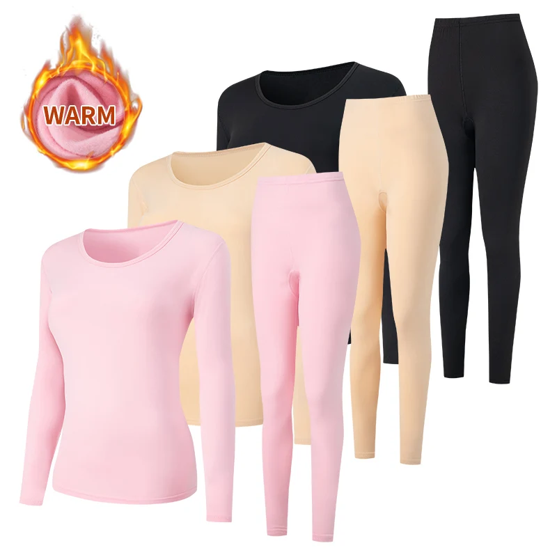 2-piece Autumn And Winter Women's Solid Color Round Neck Thermal Underwear Set For Teenagers Casual And Comfortable Sleepwear