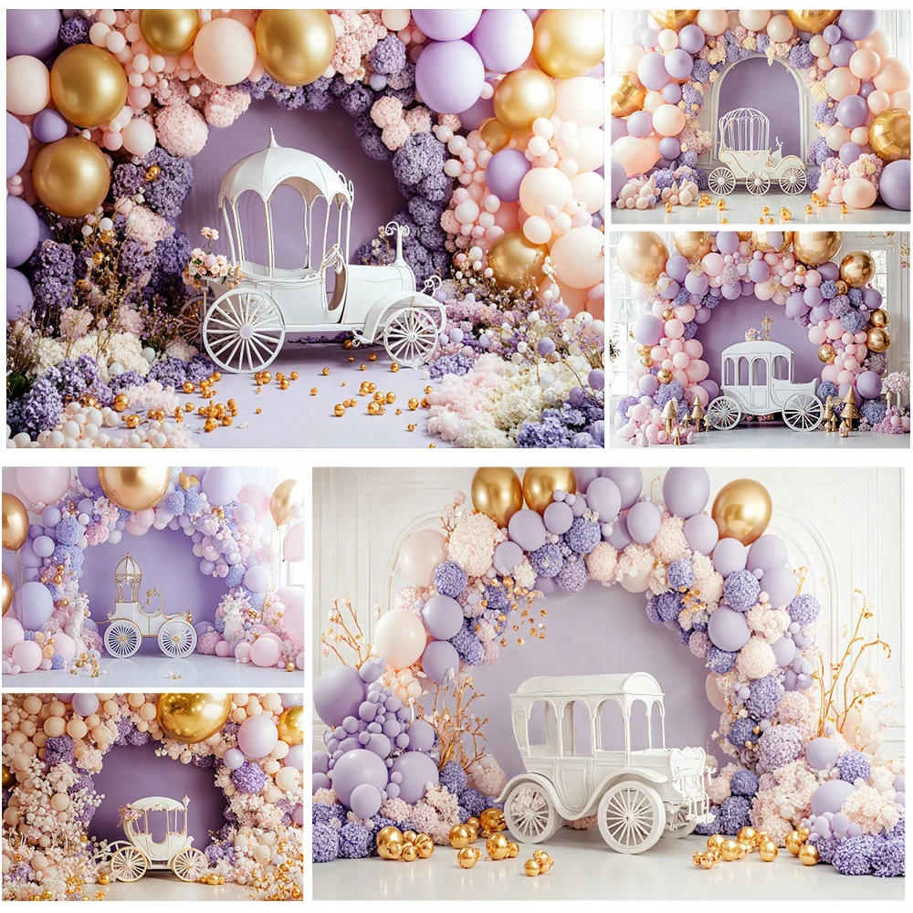 

Castle Princess Girls Birthday Party Photography Backdrop Pink Purple Balloons Floral Baby Shower Cake Smash Photo Background