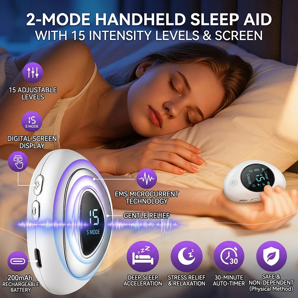 EMS Sleep Aid Device Handheld Microcurrent Relaxation Massager 2 Modes 15 Levels Type-C Rechargeable LCD Display