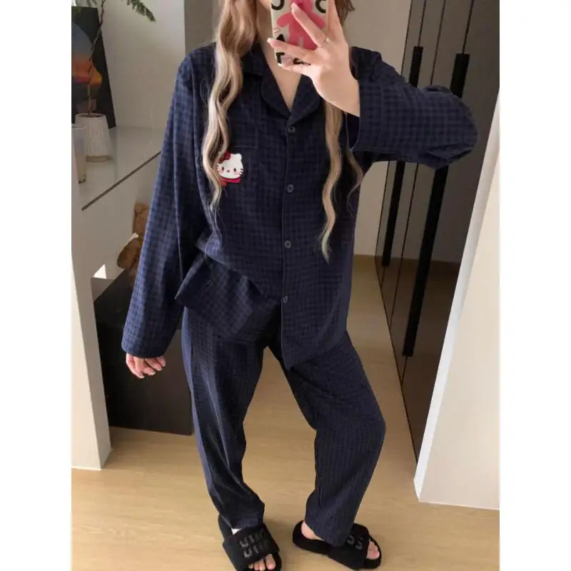 

Kawaii Sanrios Anime Hello Kitty Women Pajamas Stripe Girl Print Pajamas Spring Cartoon Sweet Casual Long Sleeved Pajama Sets