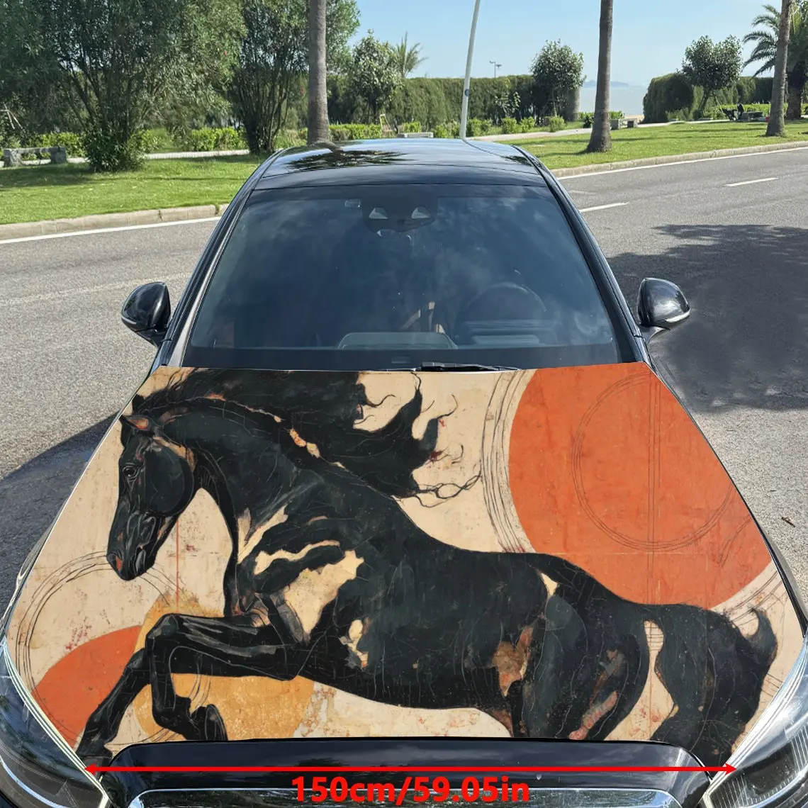 Energetic - Style Galloping Horse PVC Car Engine Hood Vinyl Wraps, Self-Adhesive Waterproof Car Hood Decal Sticker, Car Decorati