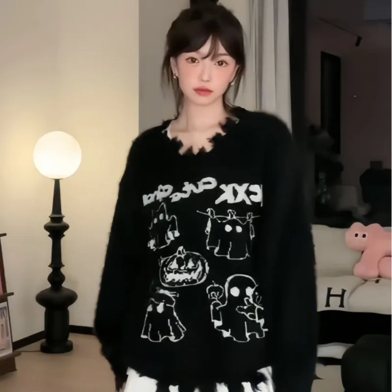 Y2k New Halloween Oversized Sweater Gothic Cute Ghost Streetwear Woman Loose Winter Vintage Knit Long Sleeve Knitwear Tops 2023