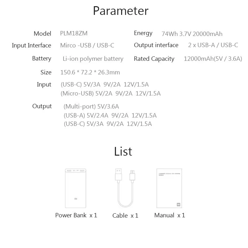 20000mAh Original Xiaomi Power bank 3 PLM18ZM 18W 2-Way Quick Charging USB C Portable Mi Spare external battery 10000 Powerbank