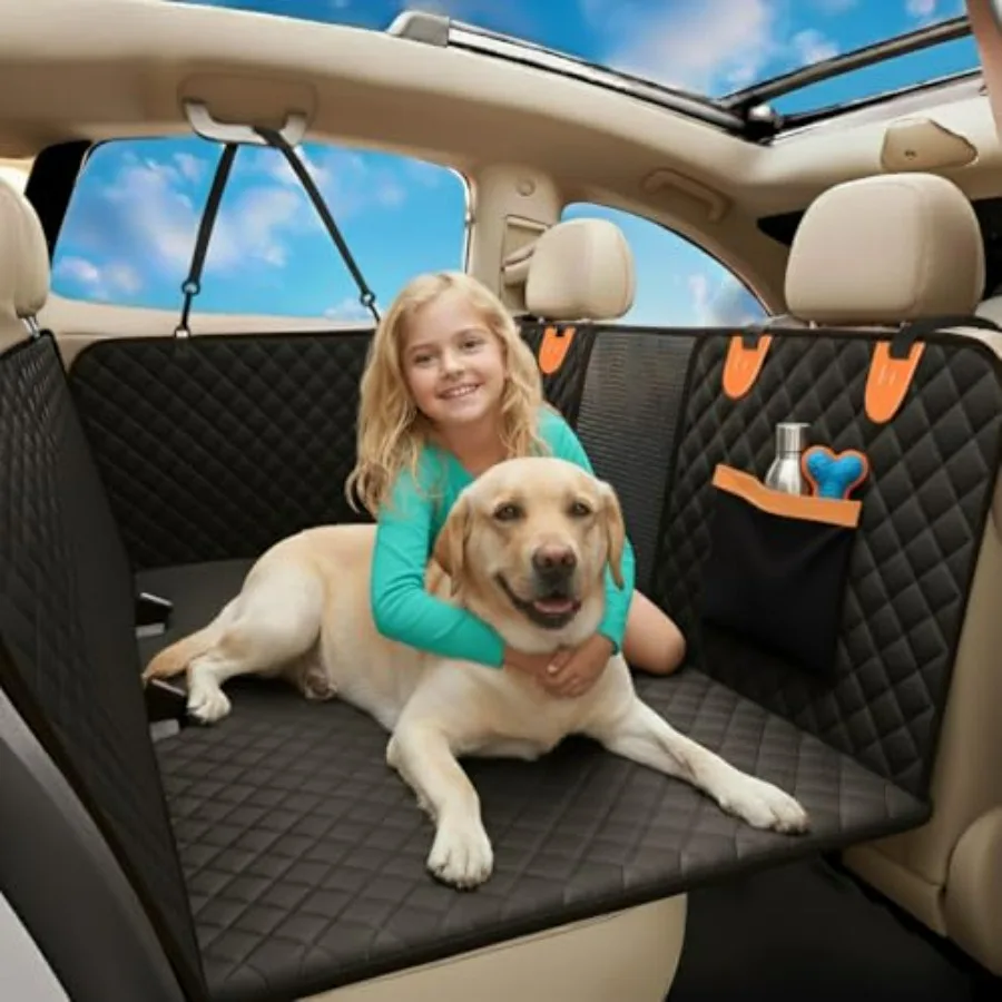 

Back Seat Extender for Dogs Hard Bottom Car Seat Cover Waterproof Rear Seat Protector with Mesh Window Side Flaps in Black Fits
