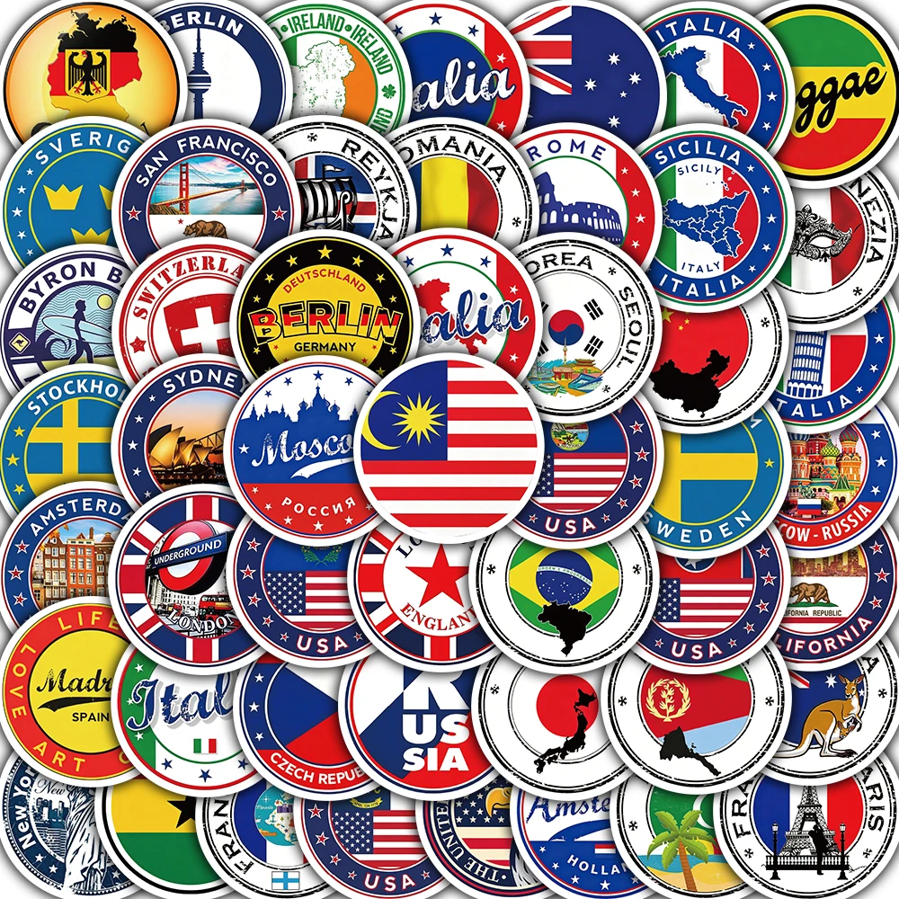 50PCS World Travel National Flag Logo Sticker Harajuku Waterproof Luggage Streetwear Supplies Creative Gifts Fridge Bar Stickers