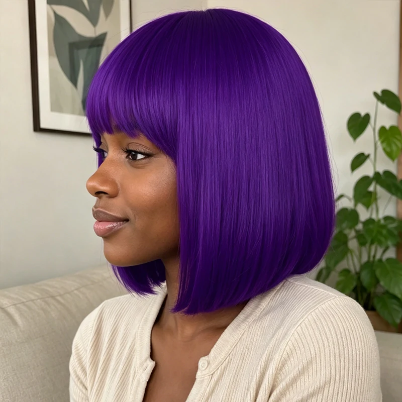 12-inch deep purple bob wig, synthetic material, party wig, trendy and voluminous style.