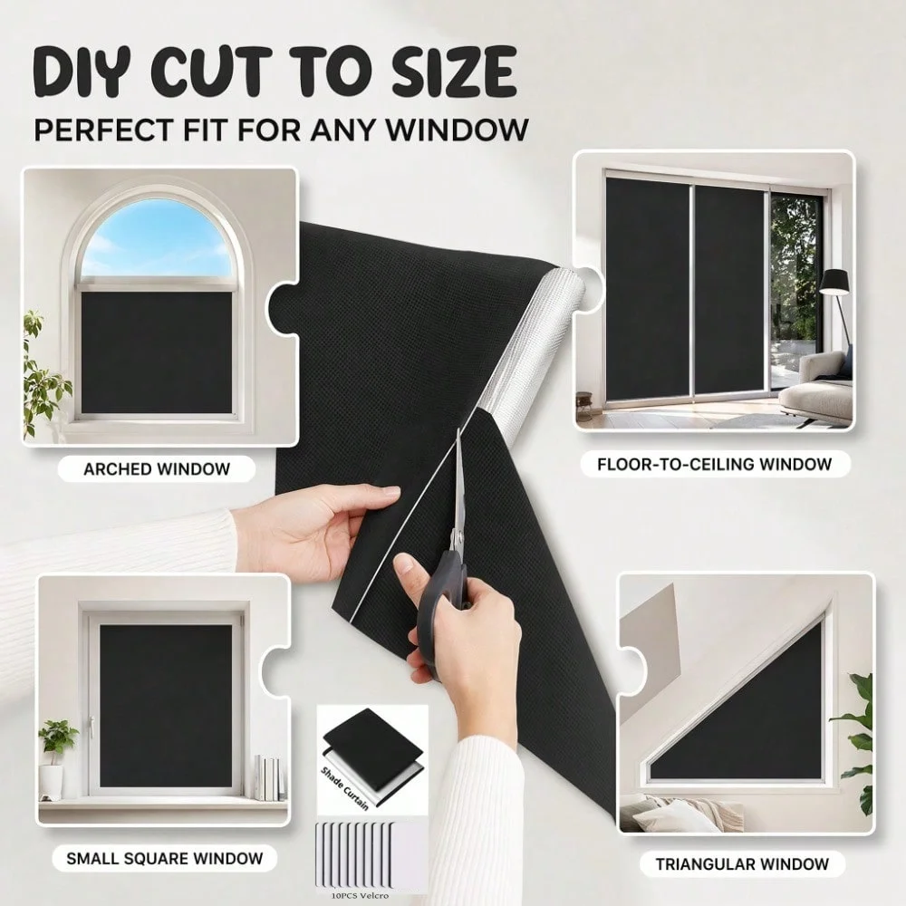 1 black opaque privacy window shade cloth. Complimentary measuring tape, marker, and Velcro. view 4