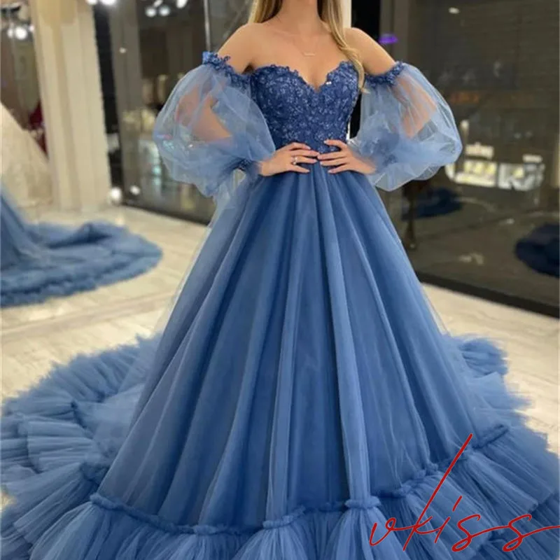 

Vkiss 2022 Elegant Quinceanera Dresses A-line Princess Tulle Lace Sweetheart Open Back Half Sleeves Sweep Train Formal Prom Gown