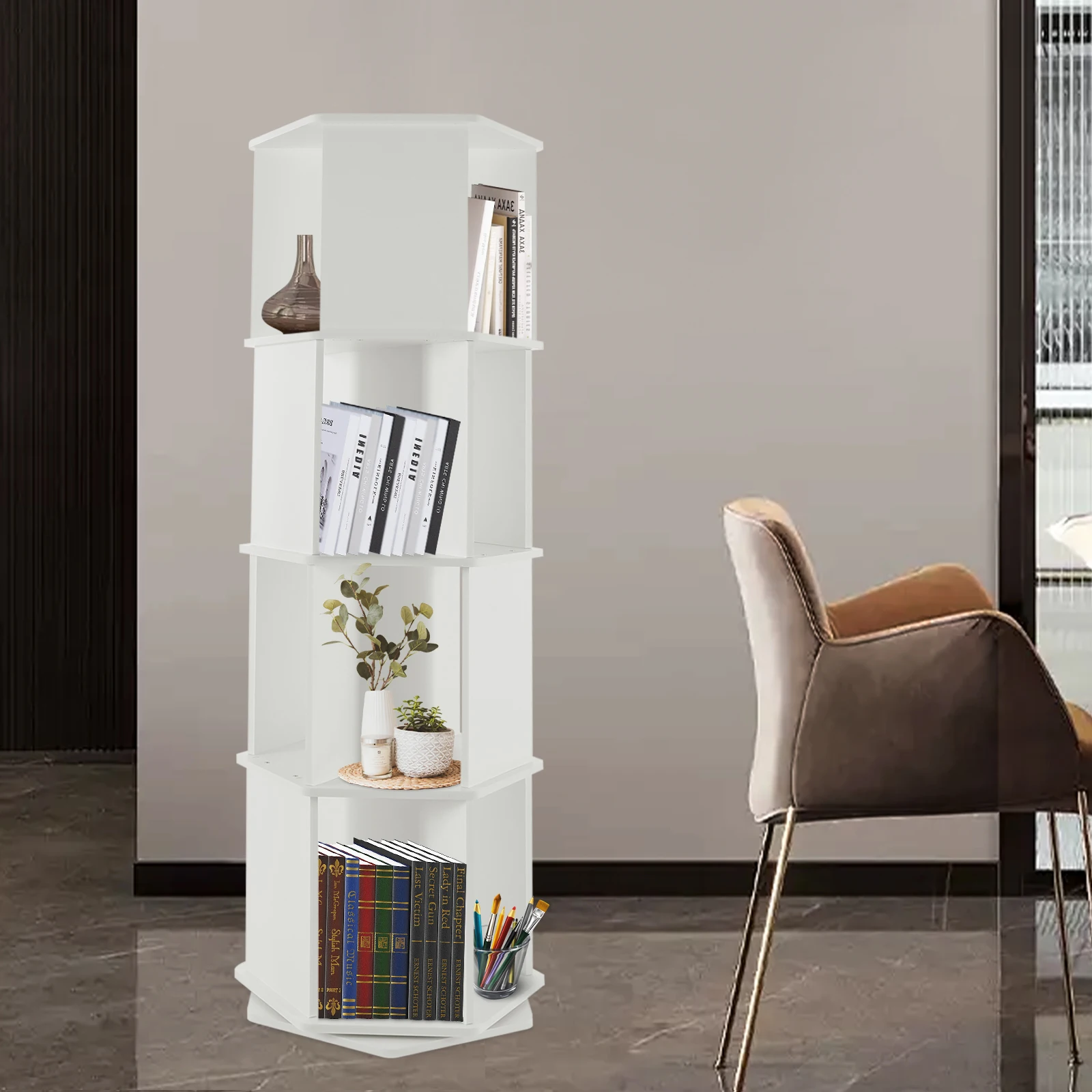 

4-Tier PVC Wood-plastic Board Rotating Bookshelf,White Hexagon 360° Display Bookshelf Free Standing 38.6*133cm for Bedrooms