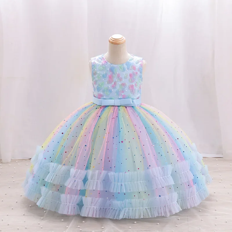 Rainbow Tulle Princess Ball Gown for Girls with Heart Appliques Dots & Pearl Detailing Kids Holiday Dress 1-10 Years