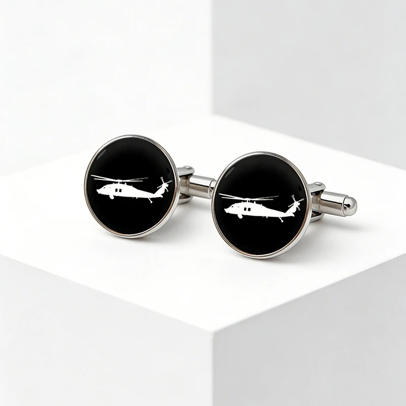 Black Helicopter Glass Cabochon Cufflinks Military Style Men's Formal Shirt Accessory Gift For Pilot Aviation Enthusiast
