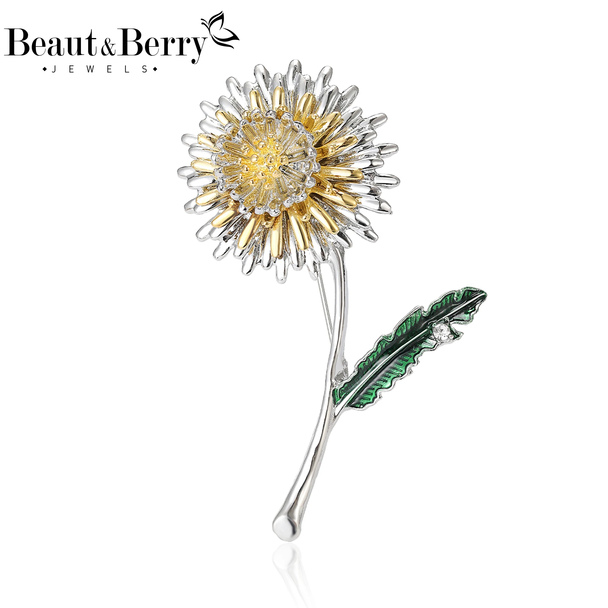 Beaut&Berry Classic Rhinestone Dandelion Brooches for Women Plant Pins Casual Party Accessories New Gifts Friends Decoration
