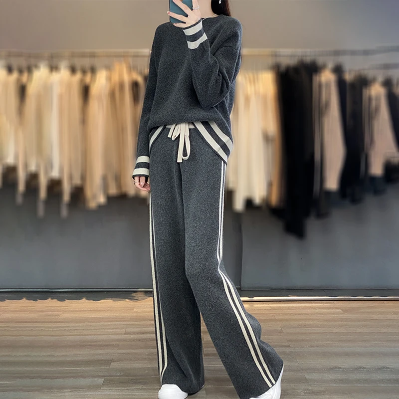 100% Merino Wool Suit Autumn/Winter New Fashion Two-Piece Set Women\'s Round Neck Pullover Casual High Waisted Trousers Suit