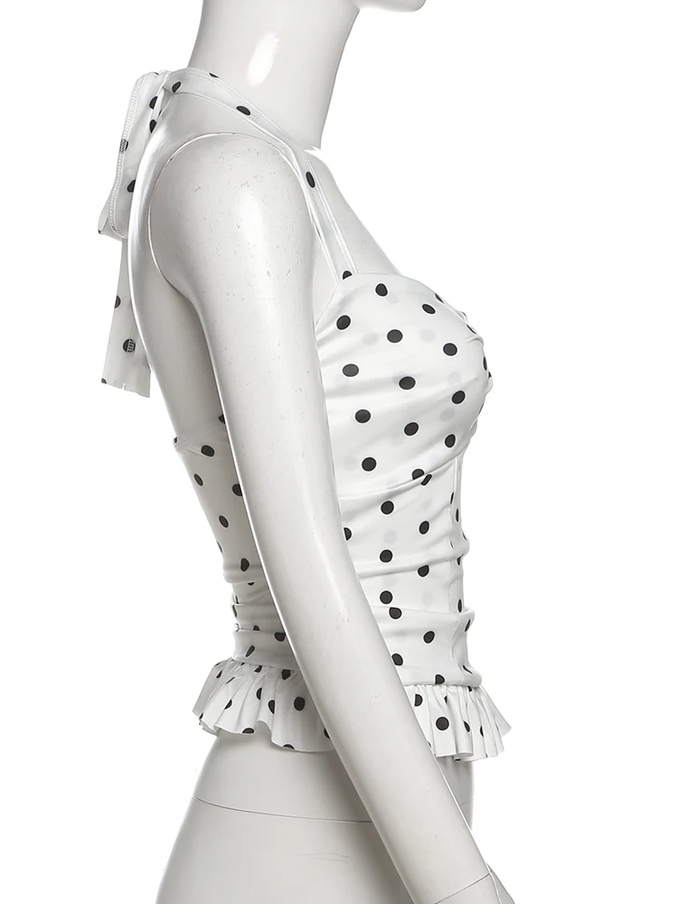 Haut imprimé chat étrange à pois pour femmes, col bas, à volants, dos nu, sans manches, slim, tendance d'été, gilet de base de rue