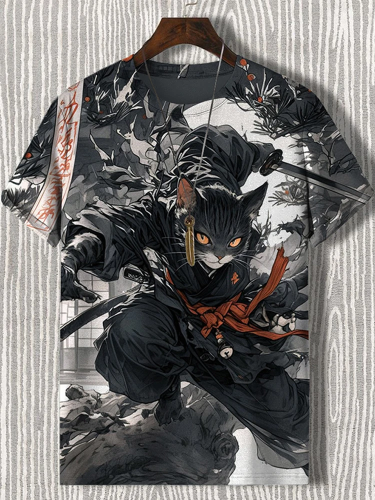 Summer Japanese Samurai Cat Short Sleeve 3D Printed Animal Pattern T-shirt New Sports Short Sleeve Fashion Oversized Men\'s Wear