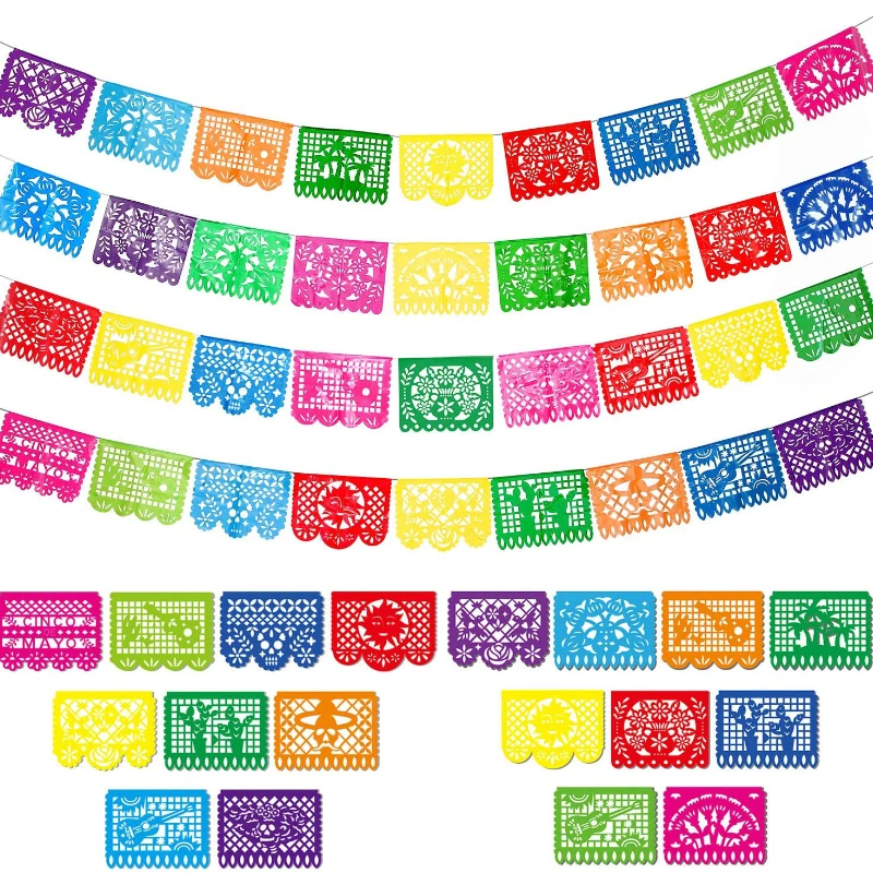 Mexican Party Square Paper-cut Plastic Garland, Plastic Flag on Day of The Dead, Carnival Party Plastic Bunting Party Decoration