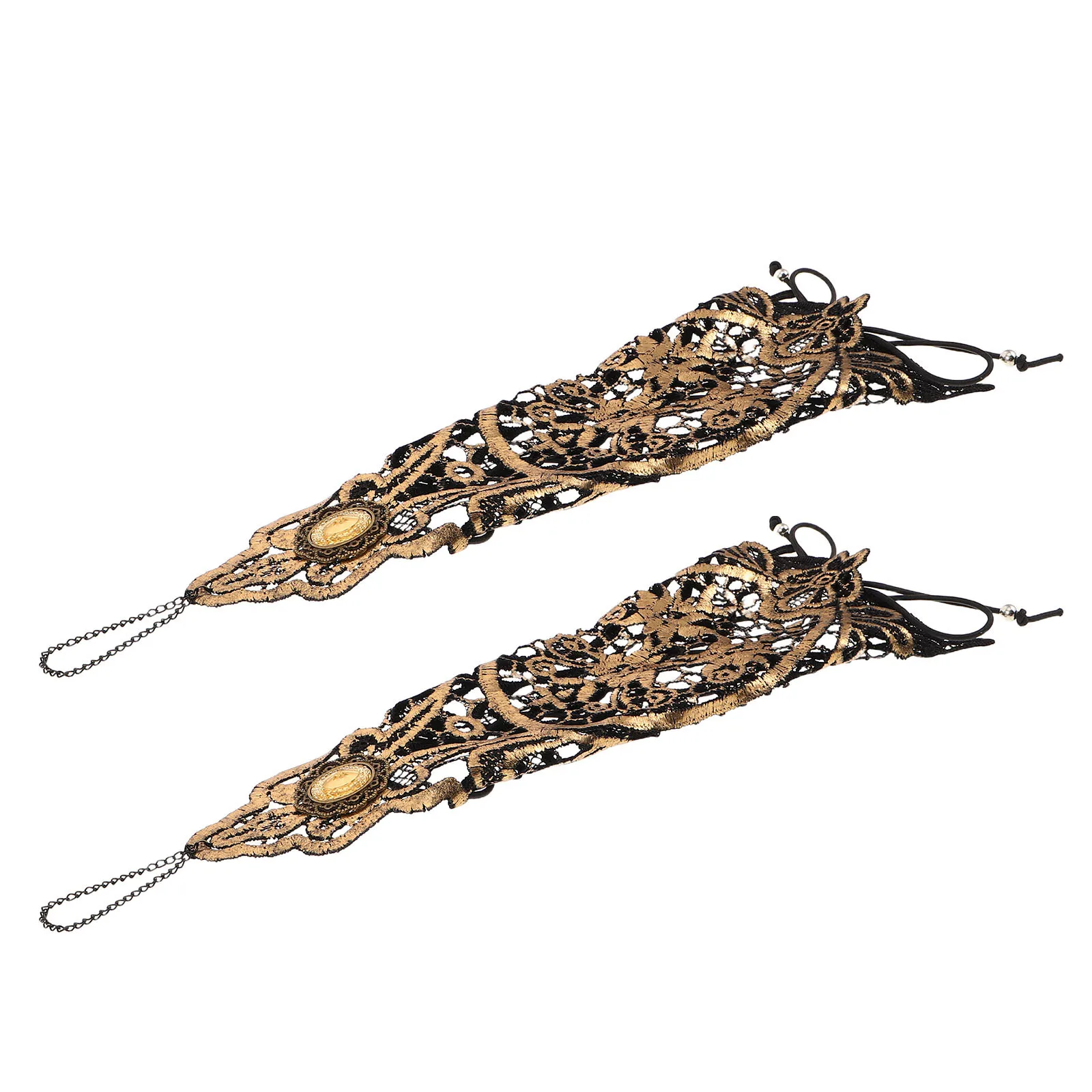 2 قطعة حجر الراين مطرز الدانتيل أصابع قفازات القوطية Steampunk الزفاف معصمه لحفلة الهالوين أنيقة مطرز قفازات برباط