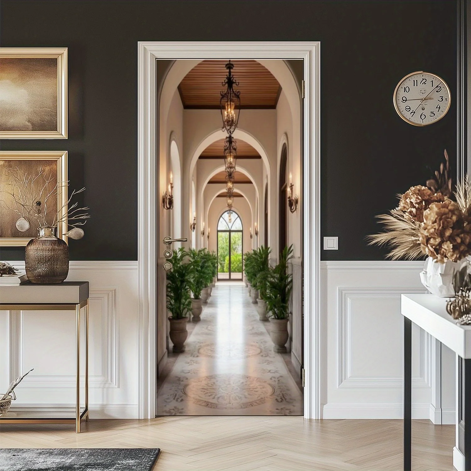 1 pair of elegant corridor with arched doorway and lush green plants self-adhesive creative door stickers, suitable for bedroom,