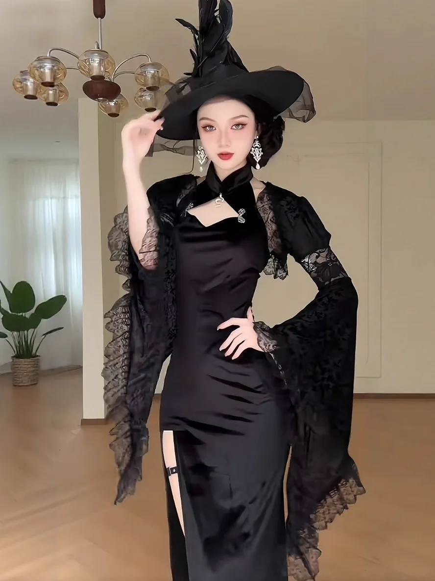 

Gothic Court Sle Bla awl Qipao Set Сексуальный костюм на Хэллоуин Женский модный ансамбль Длинное свечение из полиэфирного волокна...