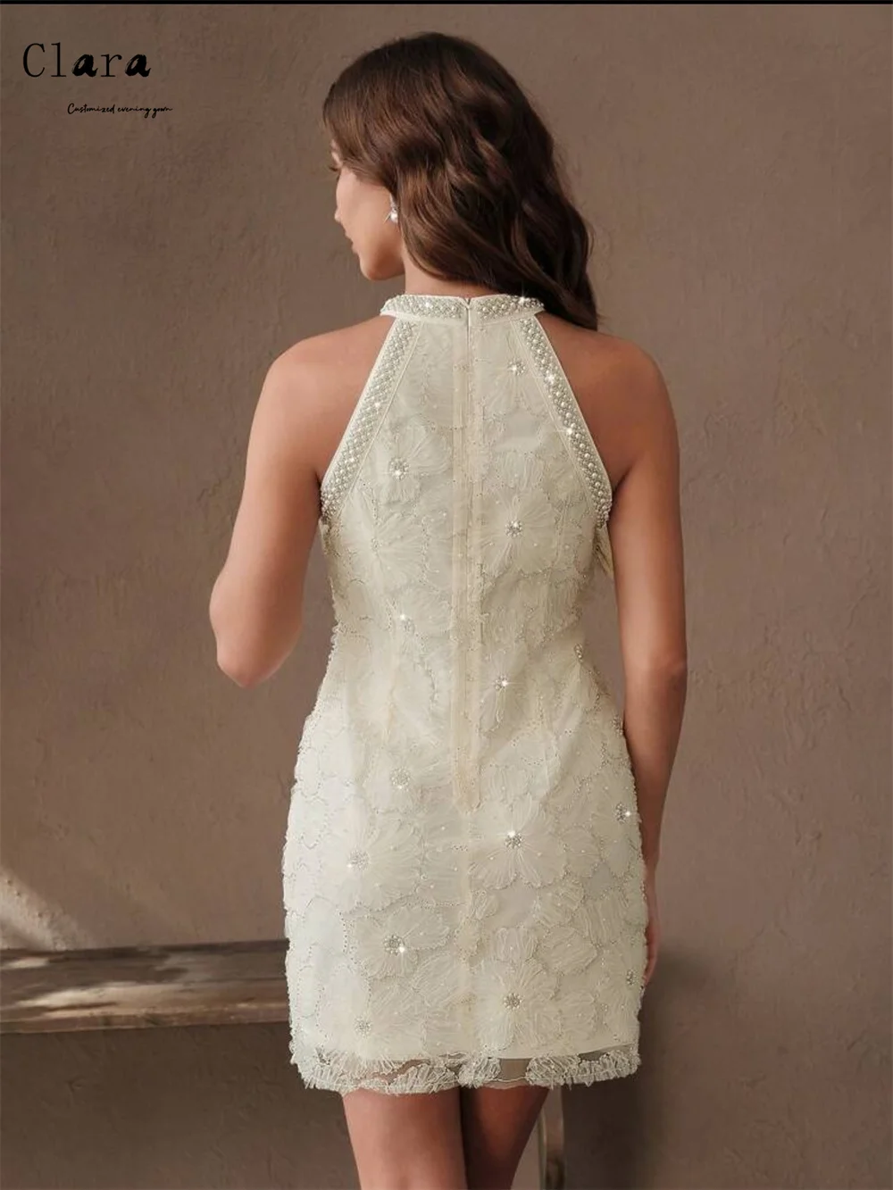 Clara Custom Weißes langes Ballkleid mit Rundhalsausschnitt und glänzenden Blumen 2025, elegantes Hochzeitskleid für Damen, maßgeschneiderte Anlasskleider Gala