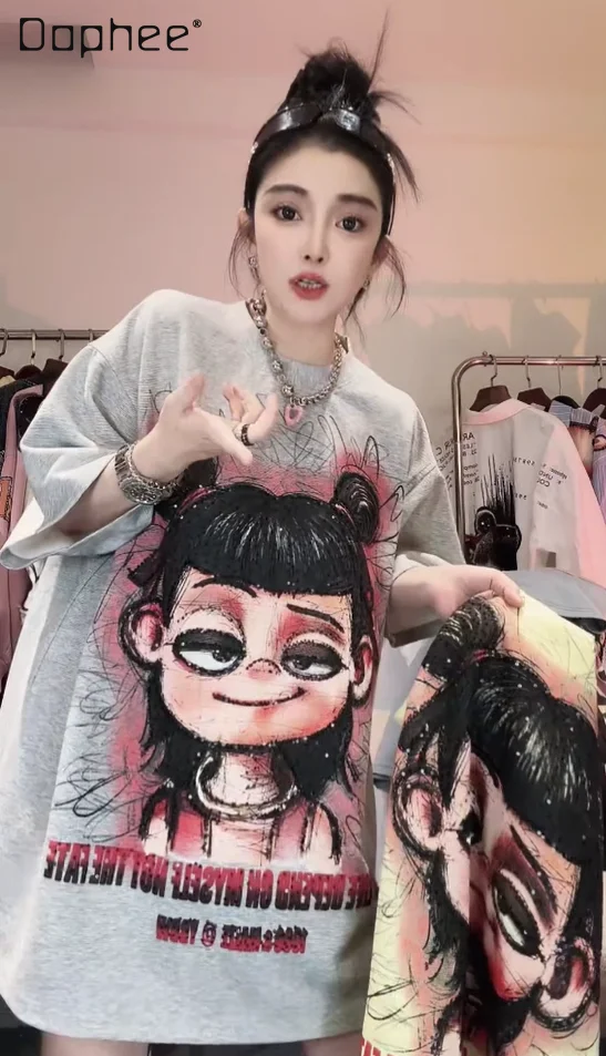 

2026 New Heavy Industry Printing Embroidery Sequined Short-sleeved Cartoon Round Neck Women's Summer New T-shirt Top