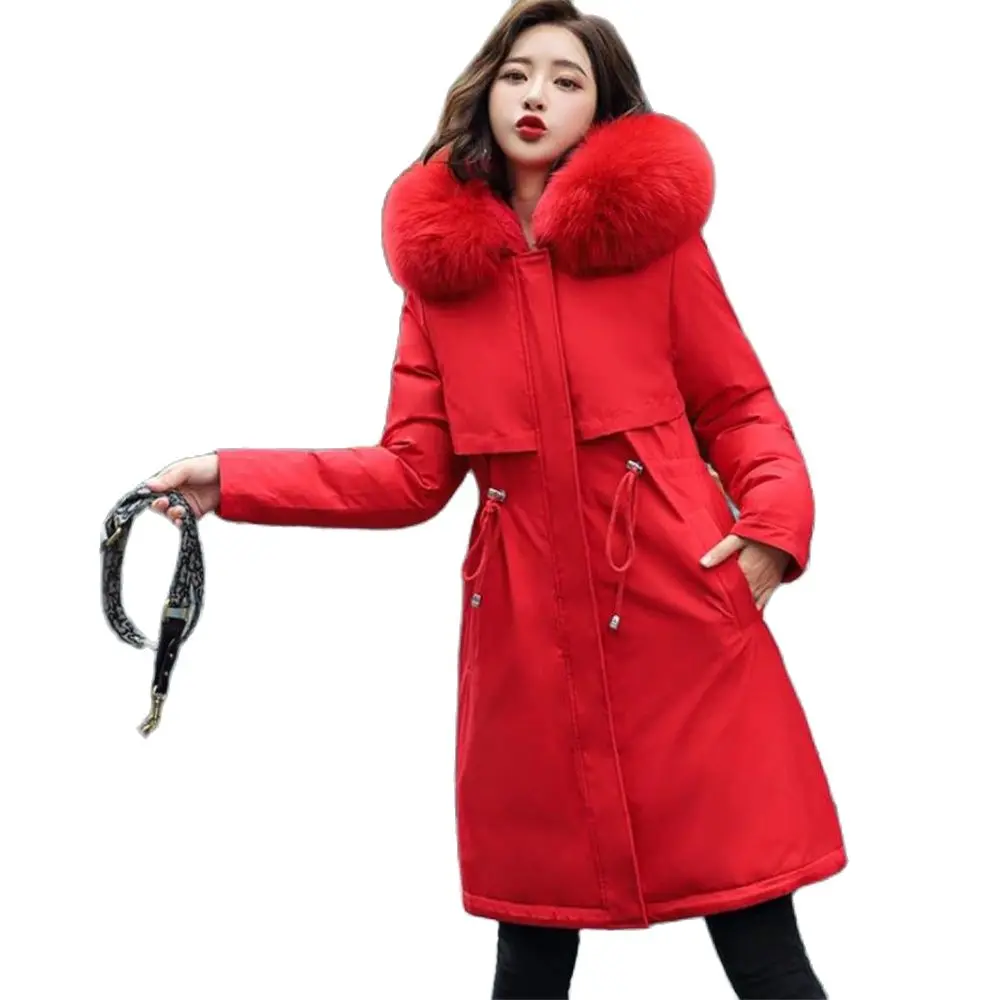 Jaqueta puffer longa de grande envergadura feminina com gola de pele falsa, Parkas de forro quente, casaco feminino, novo, 2024, inverno