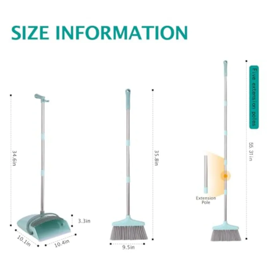مجموعة مكنسة ومجارف مع أسنان تنظيف 55 مجموعة كنس داخلية بمقبض طويل للمنزل والمكتب والمطبخ باللون الأخضر المزرق الفعال F #2