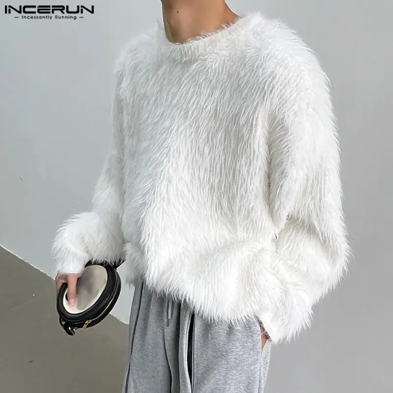 

INCERUN Tops 2023 Korean Style New Men Loose Imitation Plush Fabric Pullover Casual Fashionable Solid Long Sleeved Sweater S-5XL