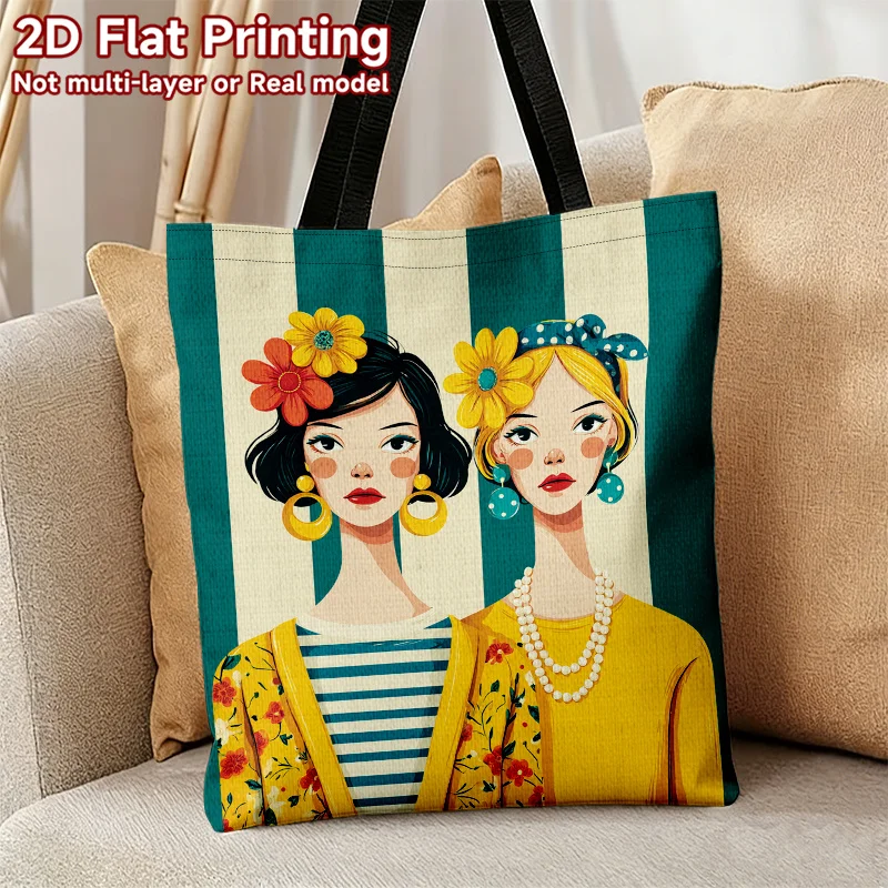 1pc Large-Capacity Shoulder Bag Reusable Stylish And Elegant Two Women with Floral Additions Pattern Polyester Material Handbag