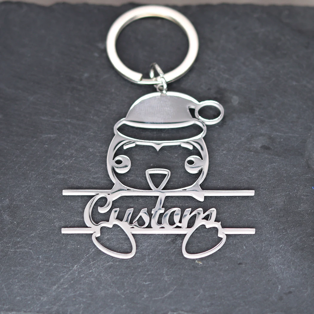 Personalized Custom Name Keychain Lovely Penguin With Cap Pendant Keyring Men Women Stainless Steel Jewelry Keepsake Gift