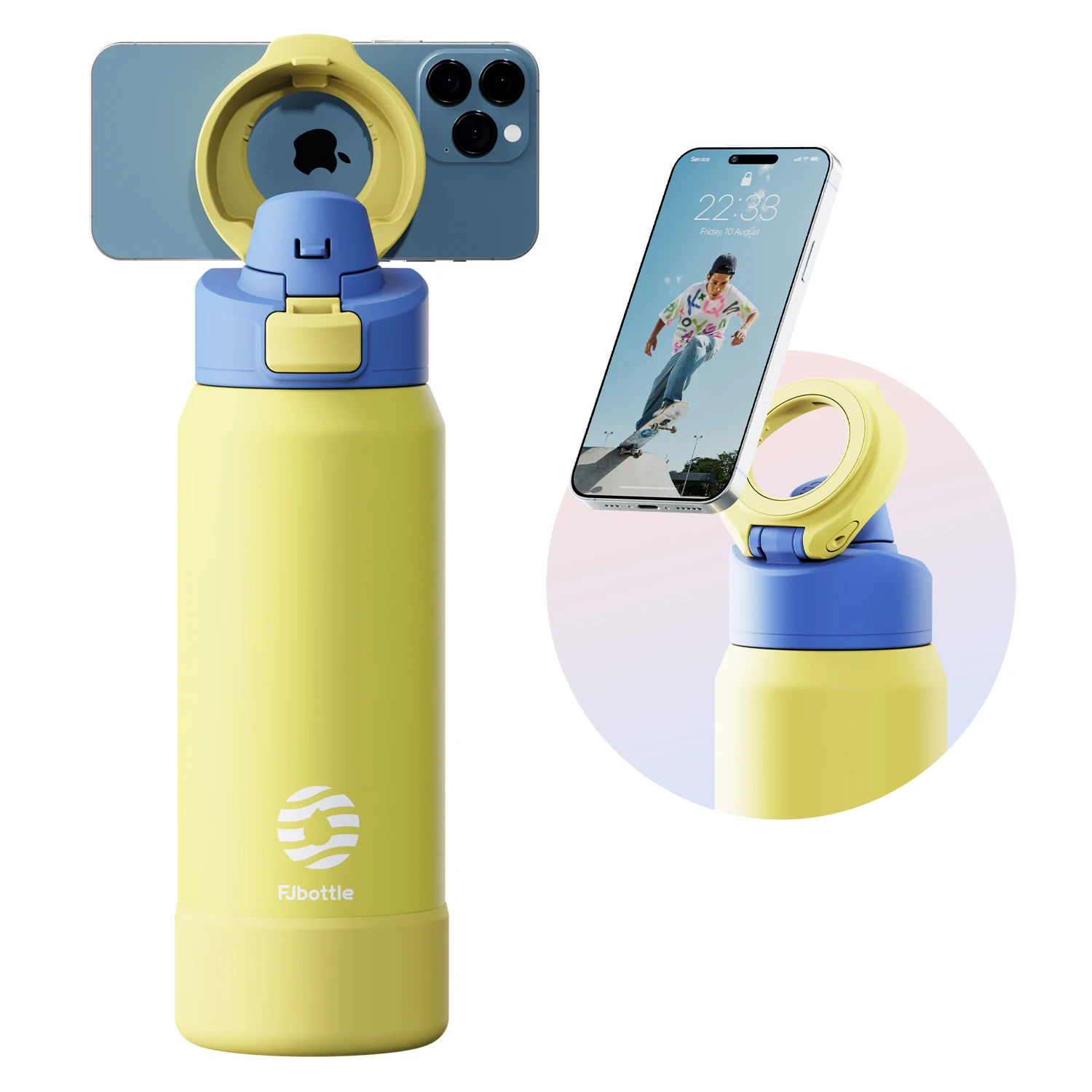 Fjbottle Magnetische Thermosfles van RVS Sportwaterfles met Magnetische Telefoonhouder en Isolatiebeker met Afneembaar Deksel