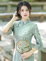 New Summer Vintage Elegant Cheongsam Chinese Traditional Qipao Mid Sleeve Dress for Women Clothing