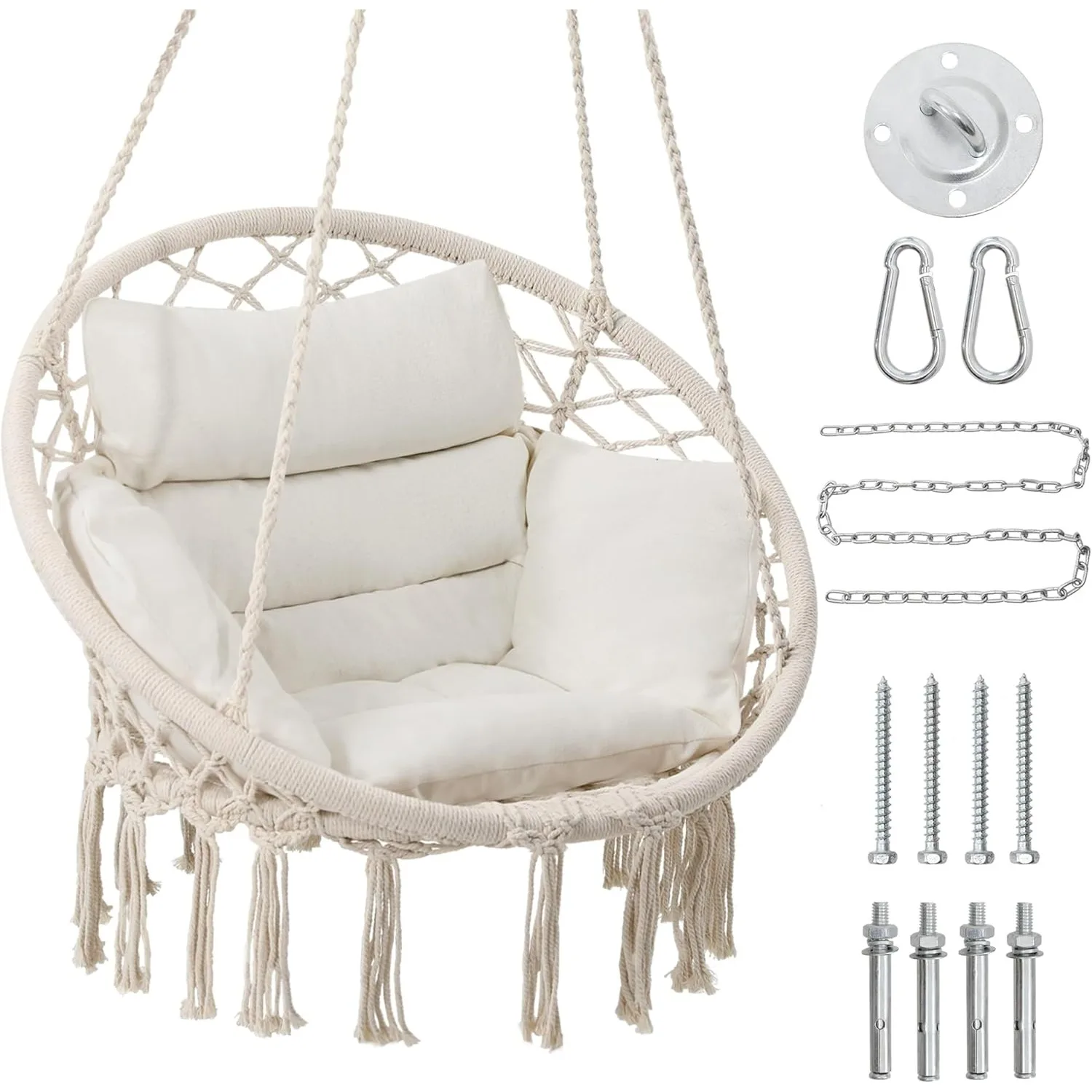 

Hammock Hanging Swinging Chair with Medium Cushion, Perfect for Bedroom, Porch, Adults, Balcony, Beige