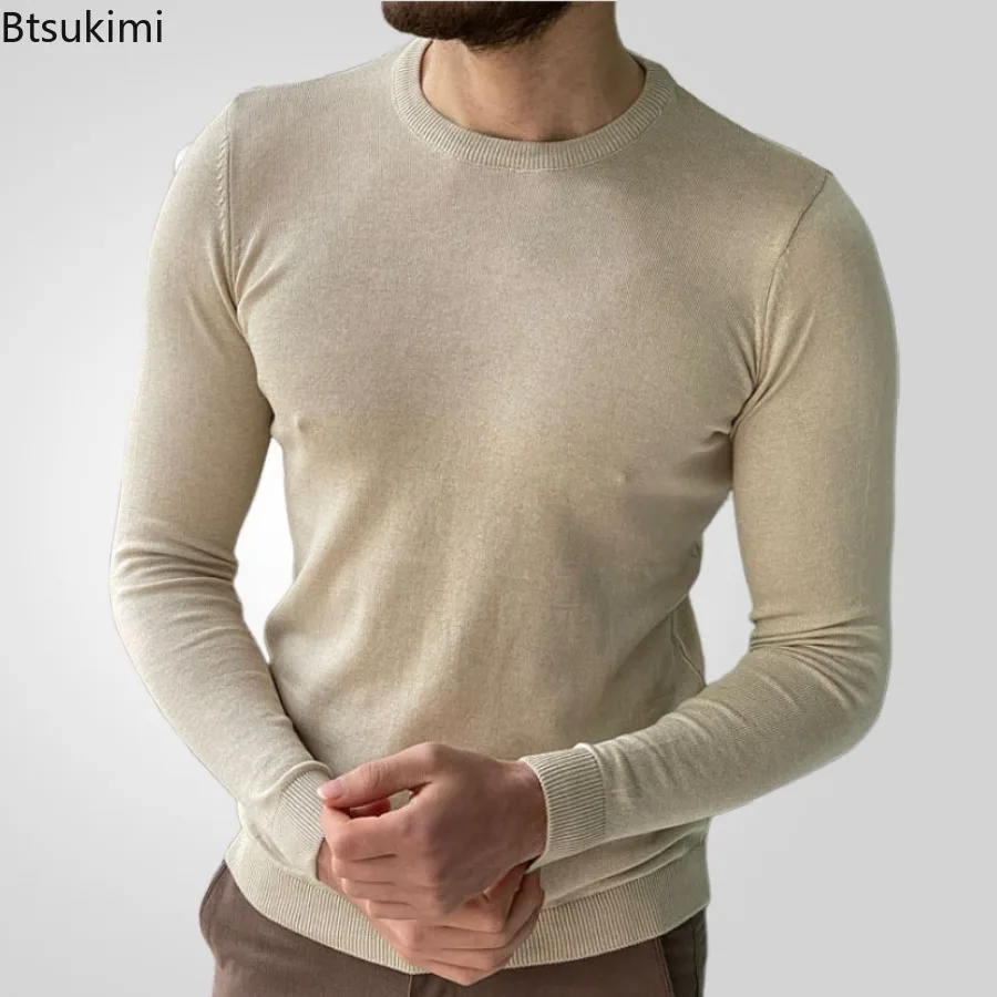 Spring New Men Thin Sweaters Fashion O-neck Knit Bottoming Tops Solid Slim Casual Long Sleeve Knitwear Pullover T-shirts for Men