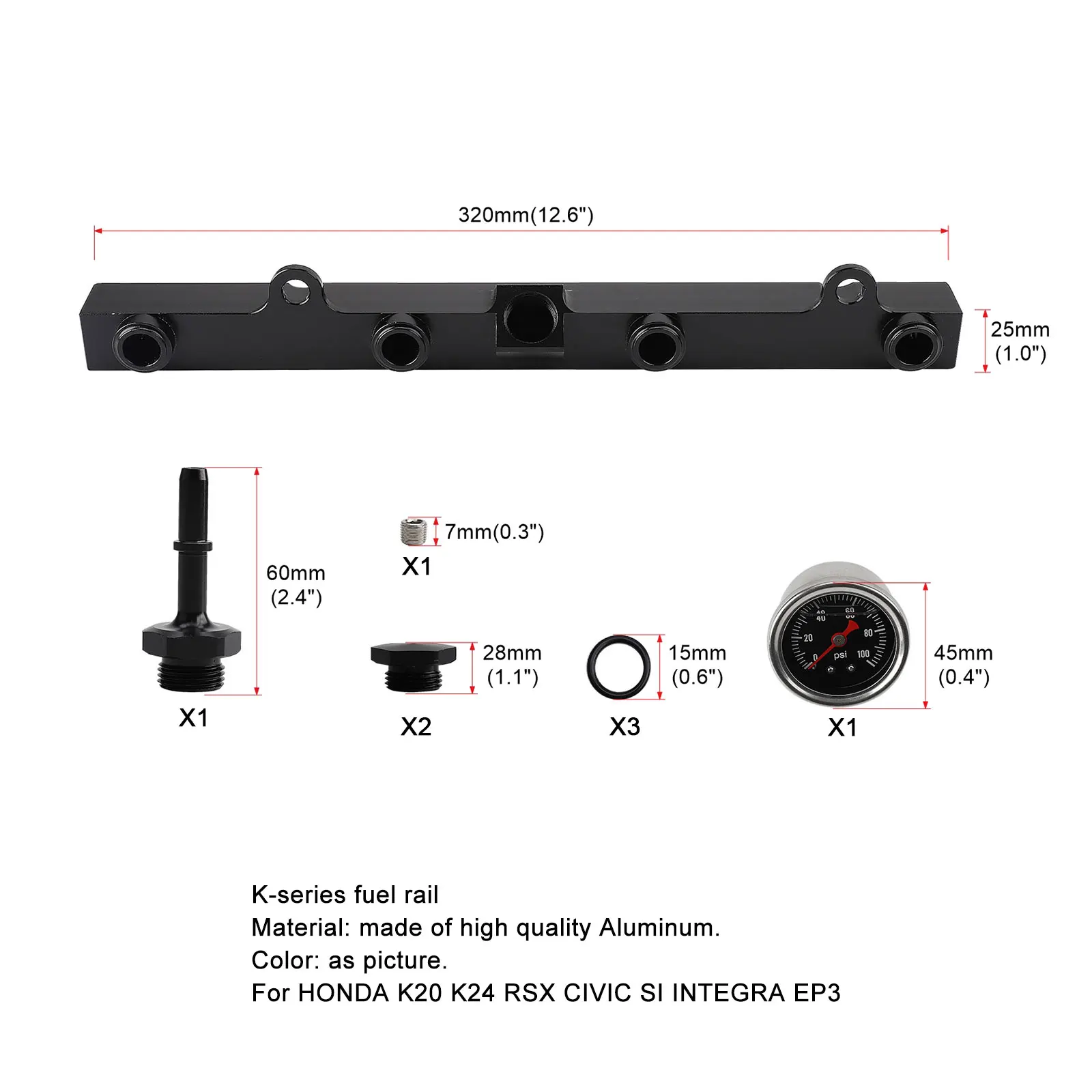 Aluminum Fuel Pressure Regulator Gauge Fuel Rail Kit Fit FOR HONDA K20 K20a K24 K24a RSX CIVIC SI INTEGRA EP3 with gauge