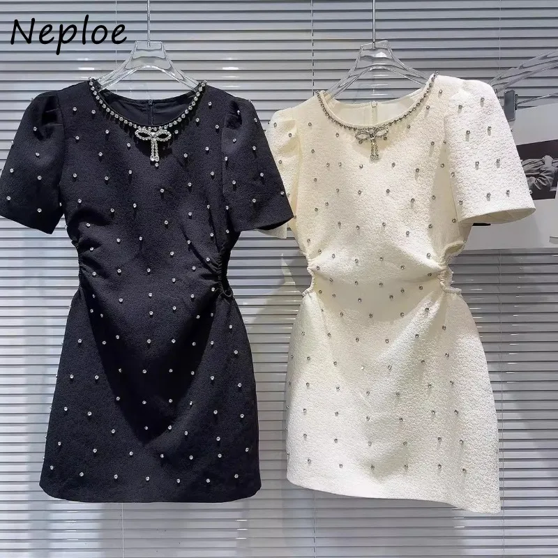 Neploe Elegant Vintage O-neck Diamond Dresses Slim Waist Hollow Out Dress for Women Summer New Short Sleeve Vestidos Mujer