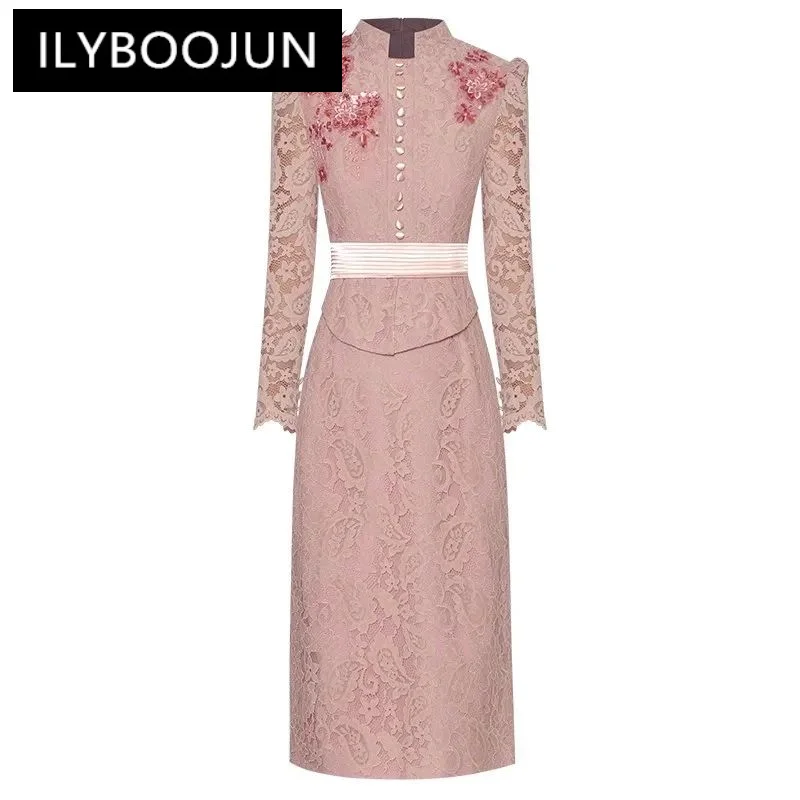 

ILYBOOJUN Fashion Designer Spring Summer Women's dress Standing collar Long sleeved Sequin Applique Package hip Lace Dresses