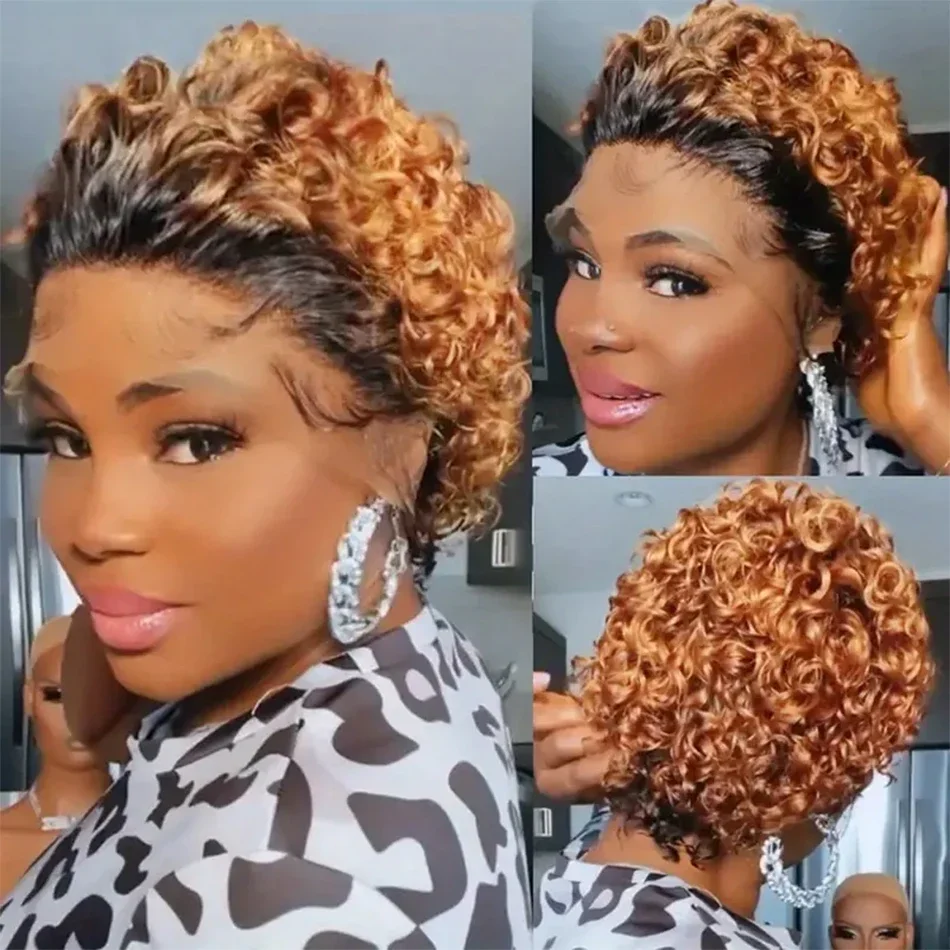 숏 픽시컷 워터 컬리 100% 인도산 인모 가발 13x1 레이스 프론트 가발 여성용 내추럴 컬러 투명 HD 레이스 가발