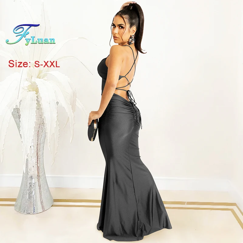 Lace Up Zwarte Vrouwen Satijnen Maxi Jurk Backless Bodycon Sexy Party Elegant Festival Avond Jarretel Strakke Hippe Jurk Lange Jurk