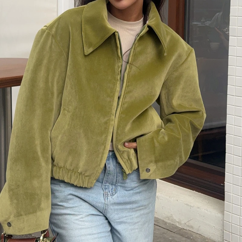 

2025 Spring and Autumn Casual Suede Texture Collar Zipper Jacket for Women
