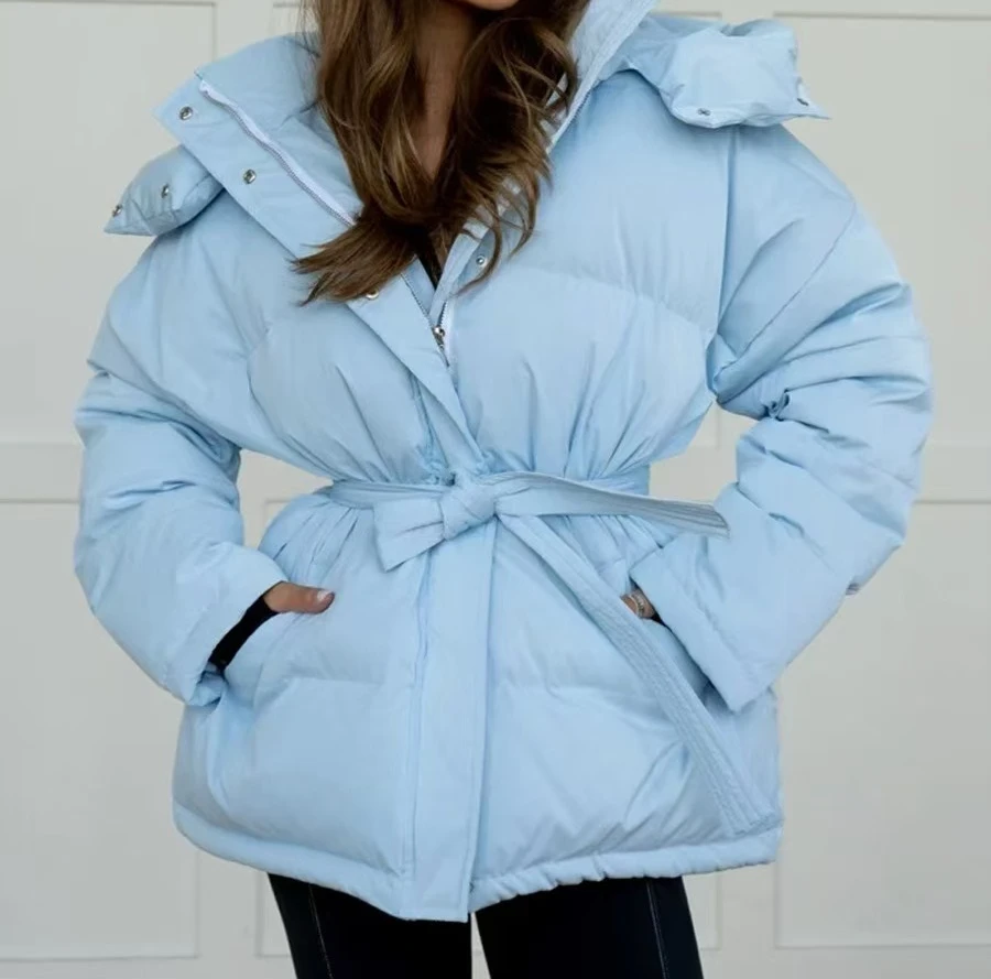 2025 Hooded Cotton Jacket Thickened Autumn/Winter Fashion Jacket Women's Solid Color Belt Warm Coat