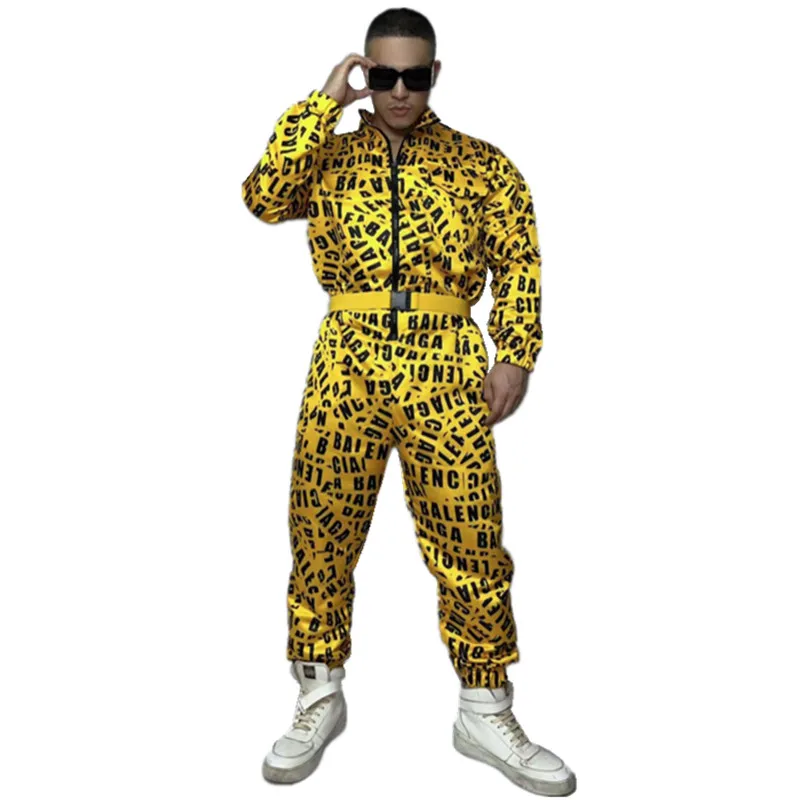 Letter Pattern Zipper Long Sleeve Jumpsuit  Printed Overalls Men Hip Hop Jazz Dance Costume Singer Bar Nightclub Show Stage Wear