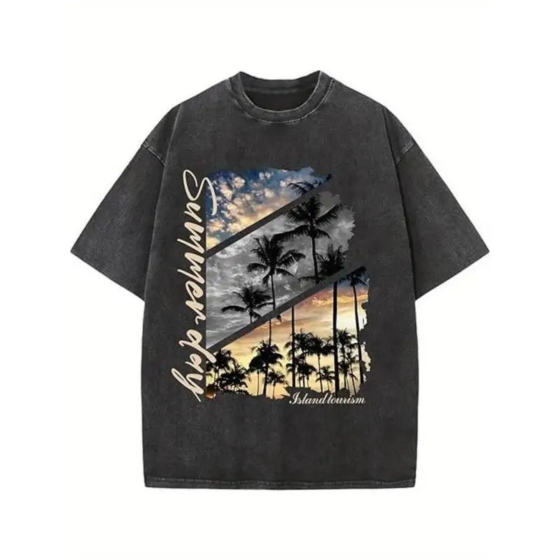 

Island Sunset Graphic Tee for Men, Tropical Palm Tree Print T-Shirt, Summer Vacation Beachwear Casual Streetwear Top