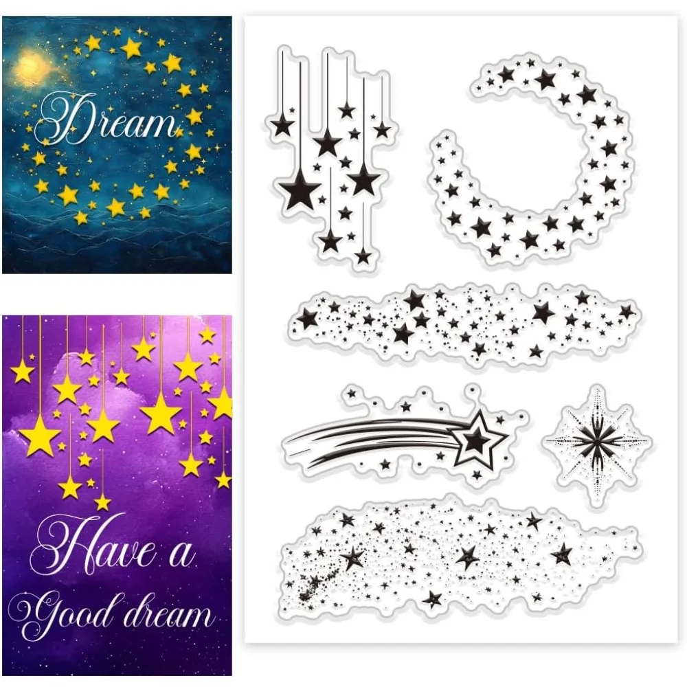 Sellos transparentes de estrella, sello de silicona con borde de estrellas nocturnas, sello de goma con fondo de estrella, sello transparente de fuegos artificiales para kit de fabricación de tarjetas