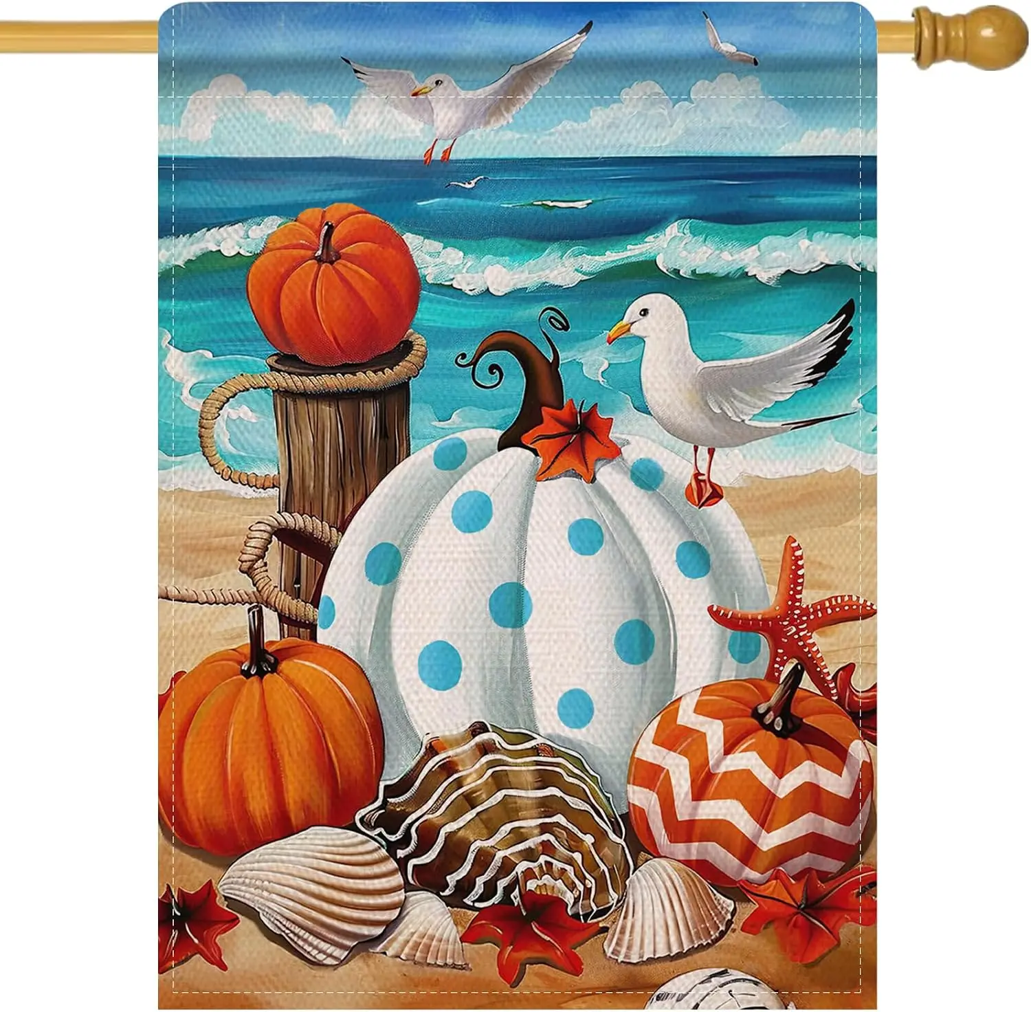 Artofy Fall Beach White Pumpkin Large Decorative House Flag, Coastal Autumn Thanksgiving Shell Seabirds Yard Garden Outside  kkz