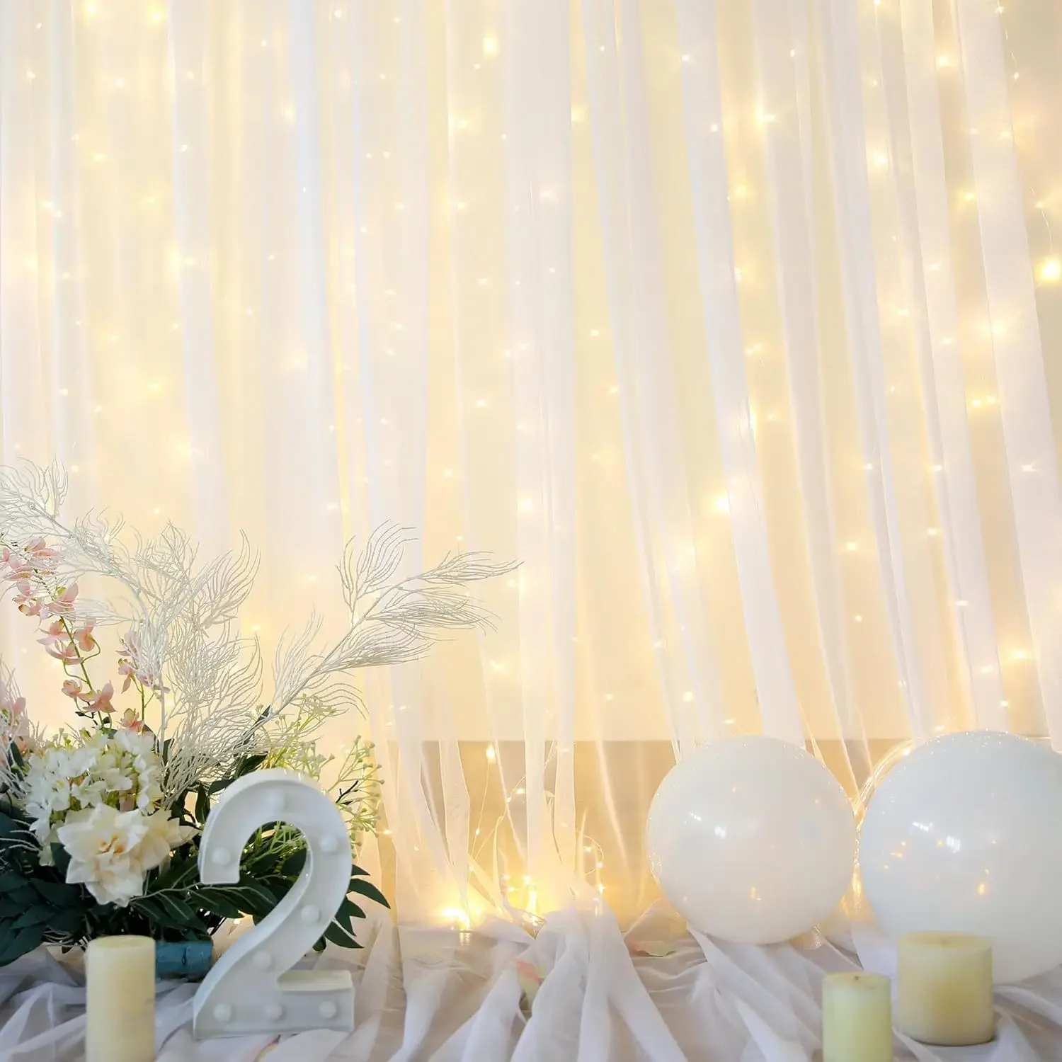 2 Panel Backdrop Curtains White with LED Lights Curtain Backdrop Christmas Wedding Home Patio Party Photo Shoot Decorations