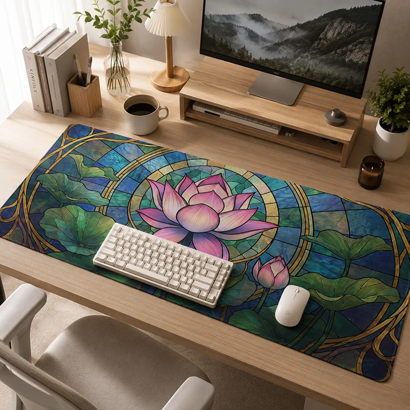 Mouse Pad Gaming Stained Glass Lotus printon demand Computer Large HD Mousepad XXL Non-Slip Soft Natural Rubber Mouse Mats